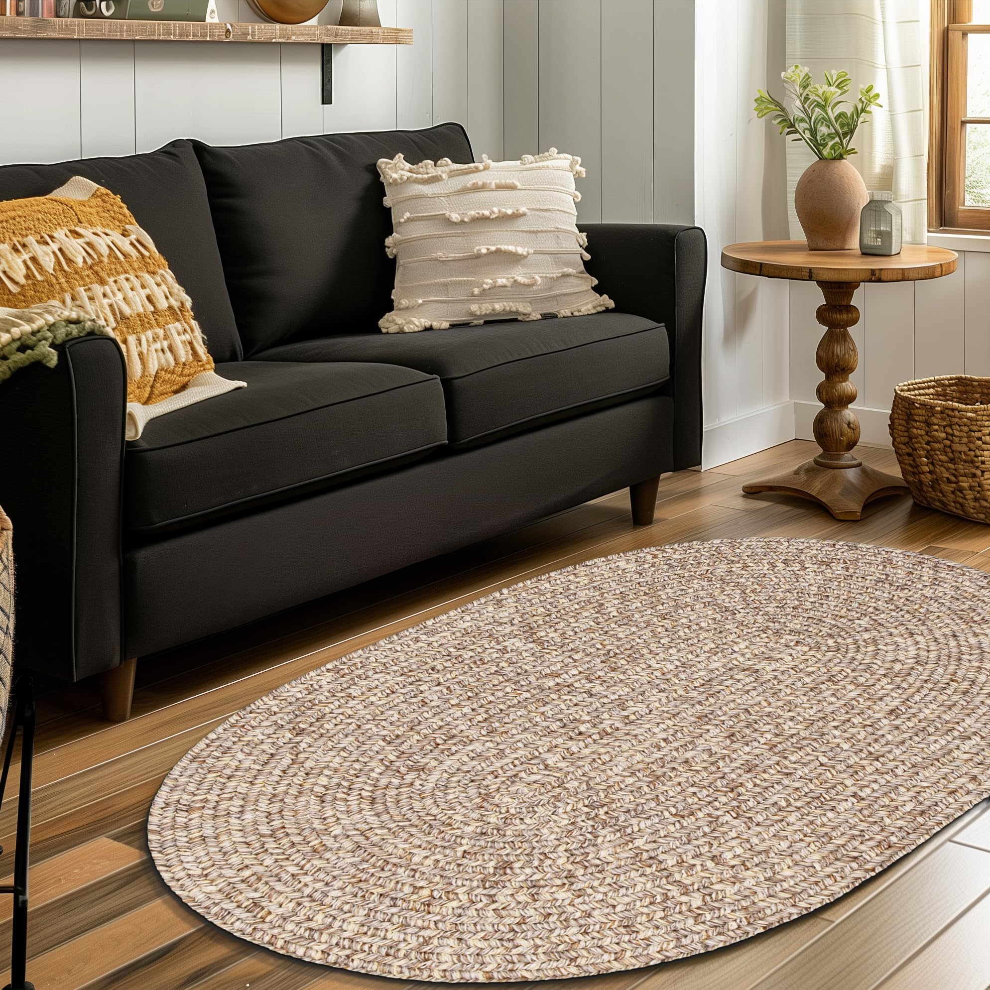 Super Area Rugs Rustic Farmhouse Living Indoor/Outdoor Reversible Braided Rug - Made in USA - Beige Mix 8' X 11' Oval