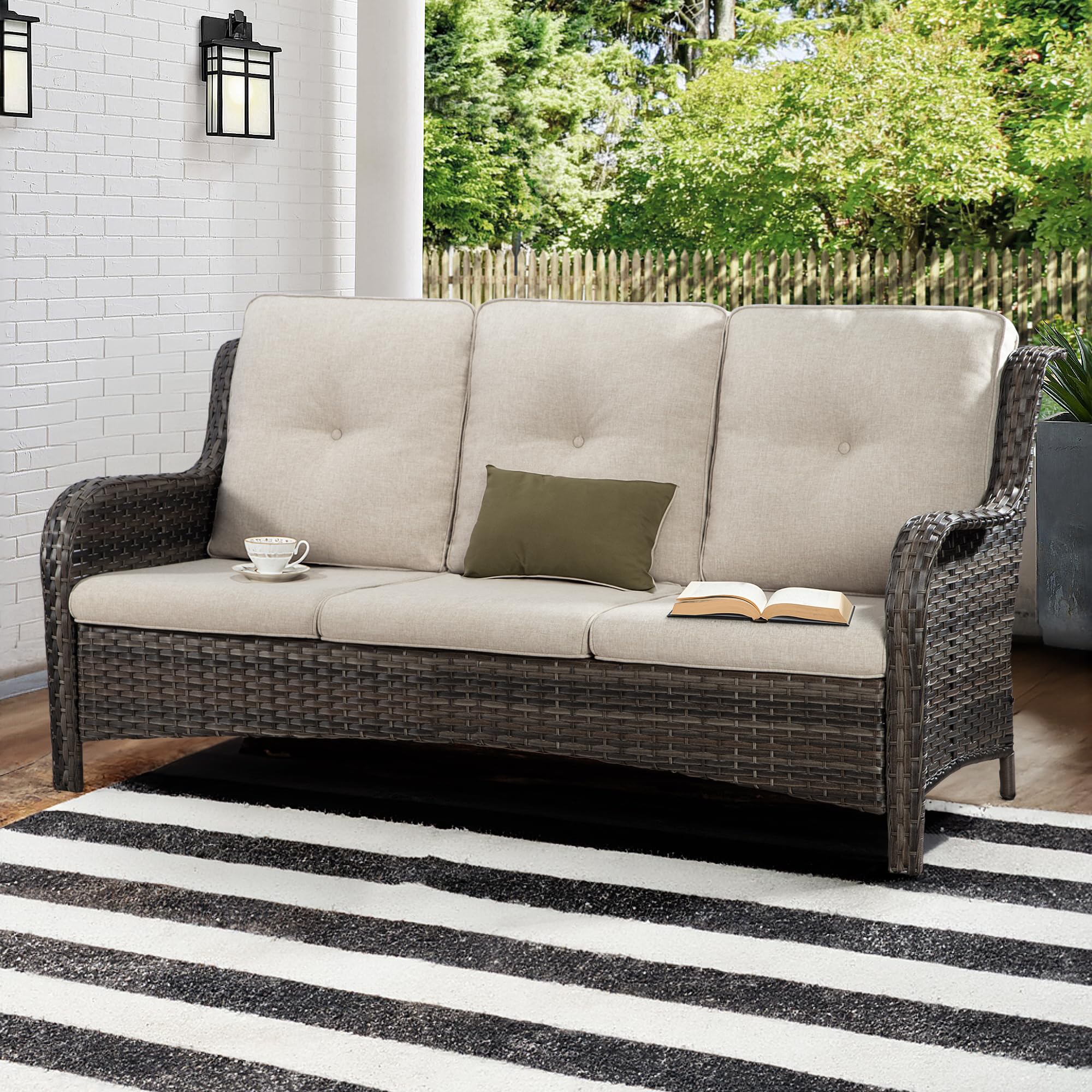 MeetLeisure Outdoor Patio Couch Wicker Sofa - 3 Seater Rattan Sofa for Outside Patio Garden with Deep Seating and Olefin Cushions(Mixed Grey/Beige)