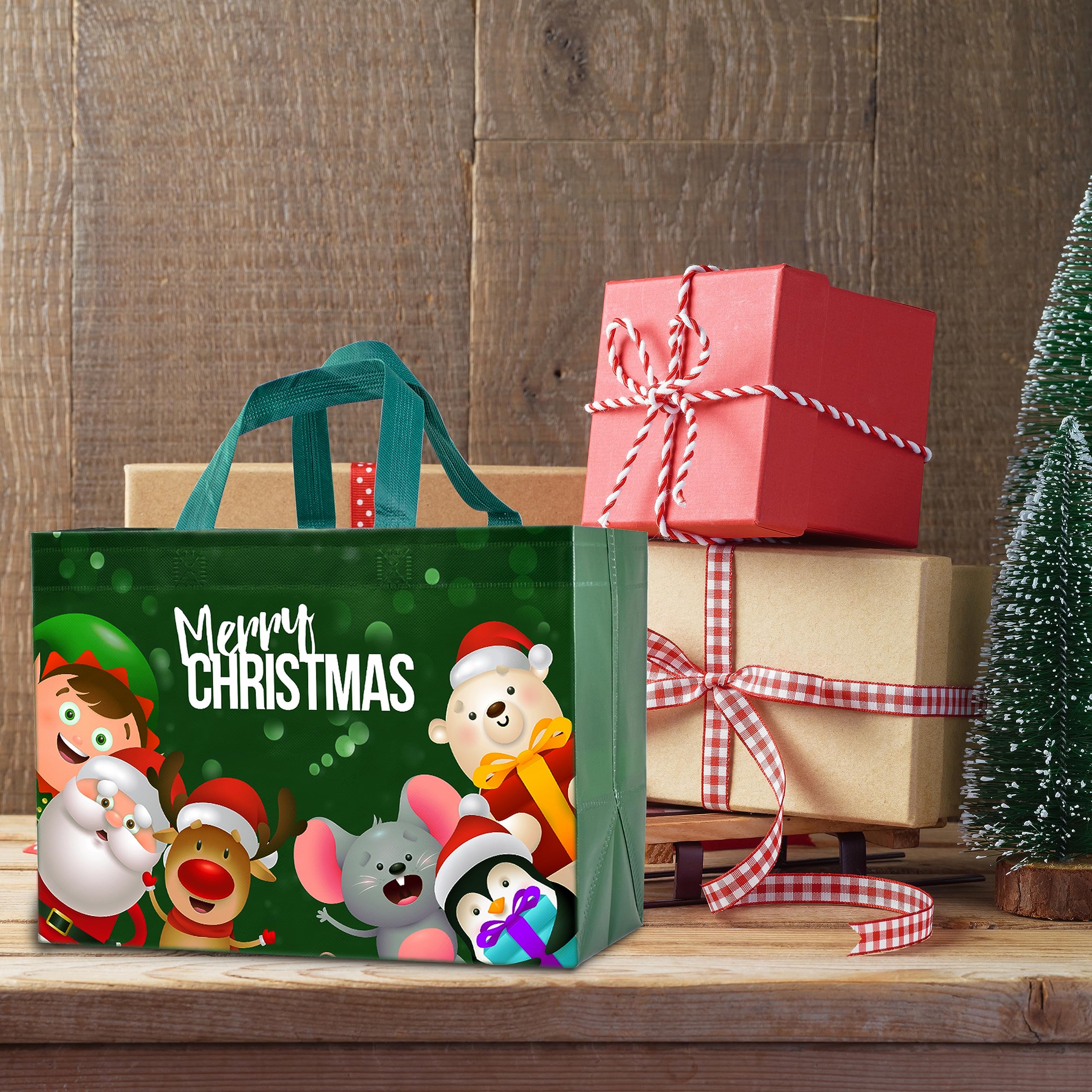 16PCS Christmas Gift Bags,Christmas Tote Bags with Handles, Christmas Treat Bags, Multifunctional Non-Woven Christmas Bags for Gifts Wrapping Shopping, Xmas Party Supplies, 13"×9.8"×6.6"