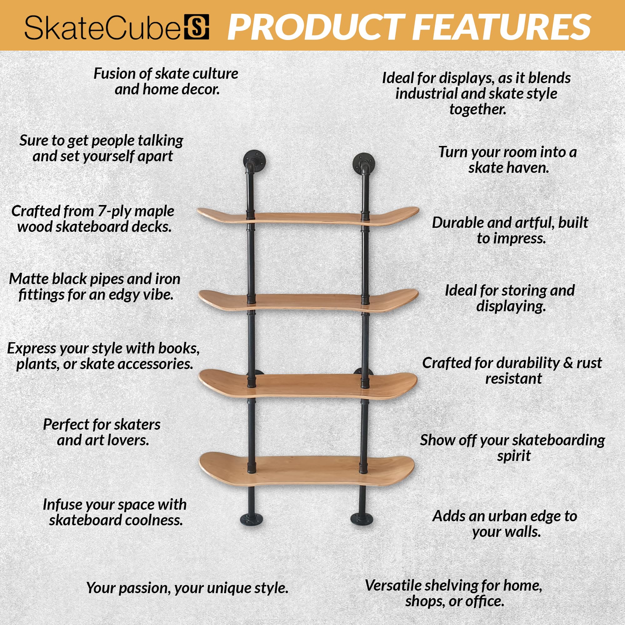 Industrial Shelves - 4 Tier Industrial Decor Pipe Bookcase Using 7 Ply Skateboard Decks - Natural Wood Stain Finish - Perfect Bathroom Wall Decor, Book Shelf for Skateboard Enthusiasts