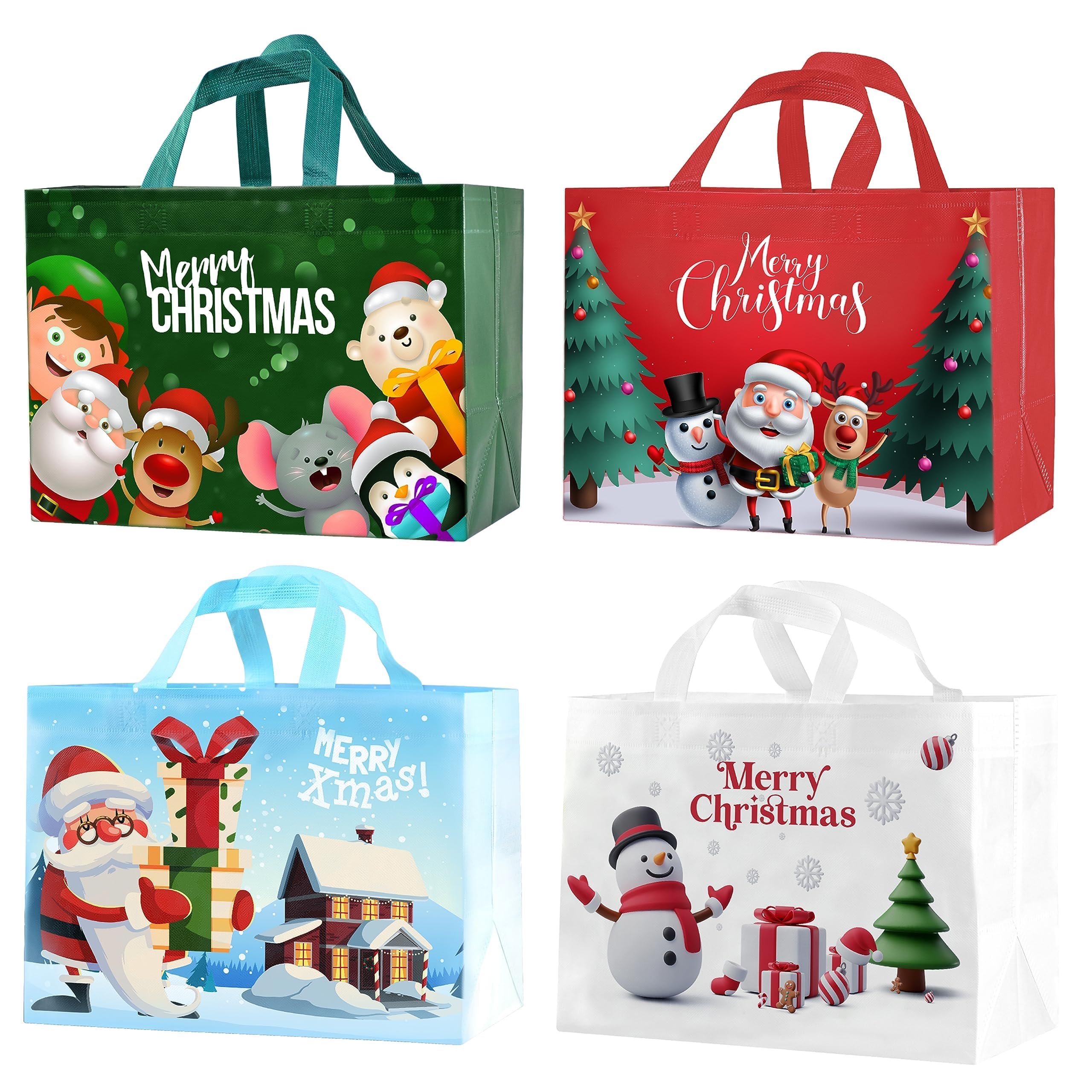 16PCS Christmas Gift Bags,Christmas Tote Bags with Handles, Christmas Treat Bags, Multifunctional Non-Woven Christmas Bags for Gifts Wrapping Shopping, Xmas Party Supplies, 13"×9.8"×6.6"