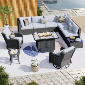 hooowooo patio outdoor sectional furniture sofa set with fire pit table,11 piece l shaped wicker couch set with swivel chairs,modern 8 persons summer patio conversation set(grey gray)