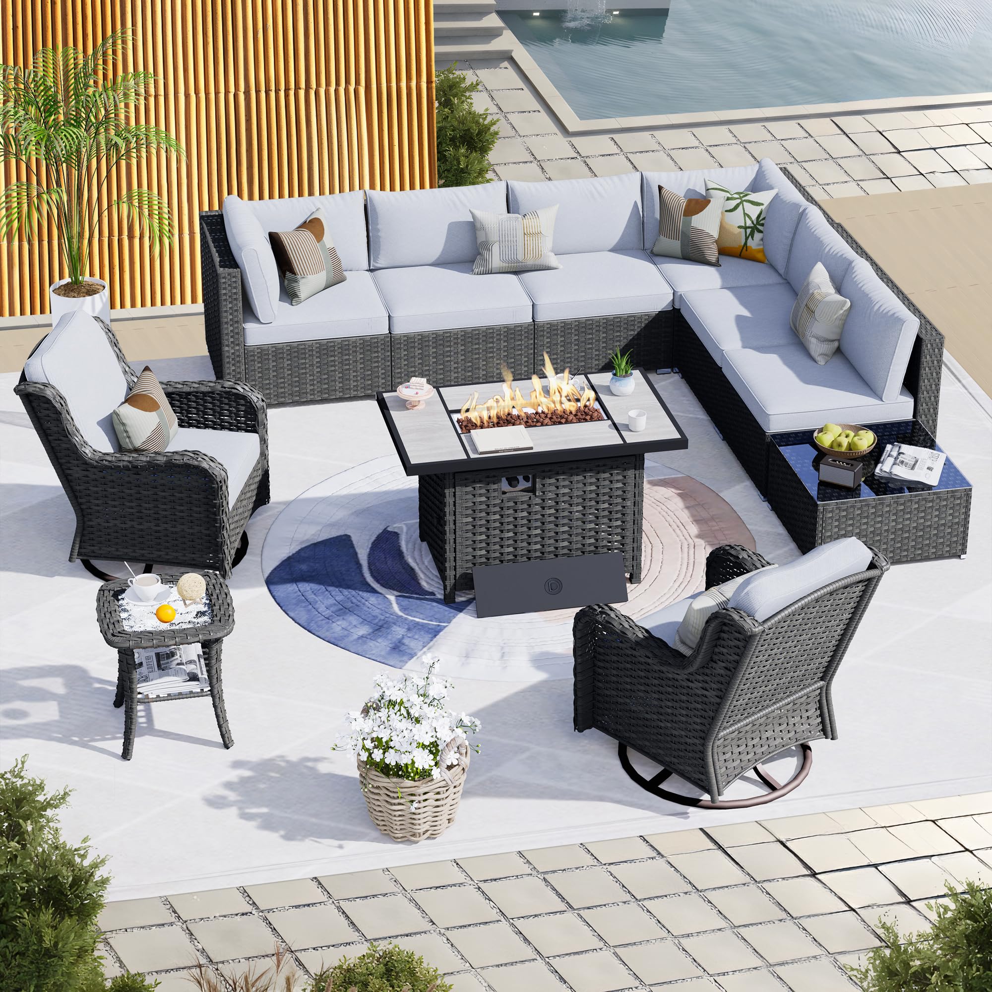 HOOOWOOO Patio Outdoor Sectional Furniture Sofa Set with Fire Pit Table,11 Piece L Shaped Wicker Couch Set with Swivel Chairs,Modern 8 Persons Summer Patio Conversation Set(Grey Gray)