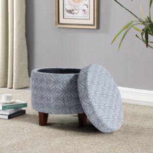 HomePop Upholstered Round Storage Ottoman Home Décor|Upholstered Round Foot Rest Ottoman -Blue Indigo Print Large