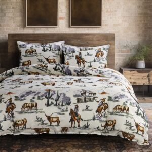 Paseo Road by HiEnd Accents Ranch Life Western Bedding 3 Piece Queen Duvet Cover Set, Cotton Cowboy Longhorn Horse Print Western Bed Set, Rustic Southwestern Comforter Cover Set with Pillow Shams