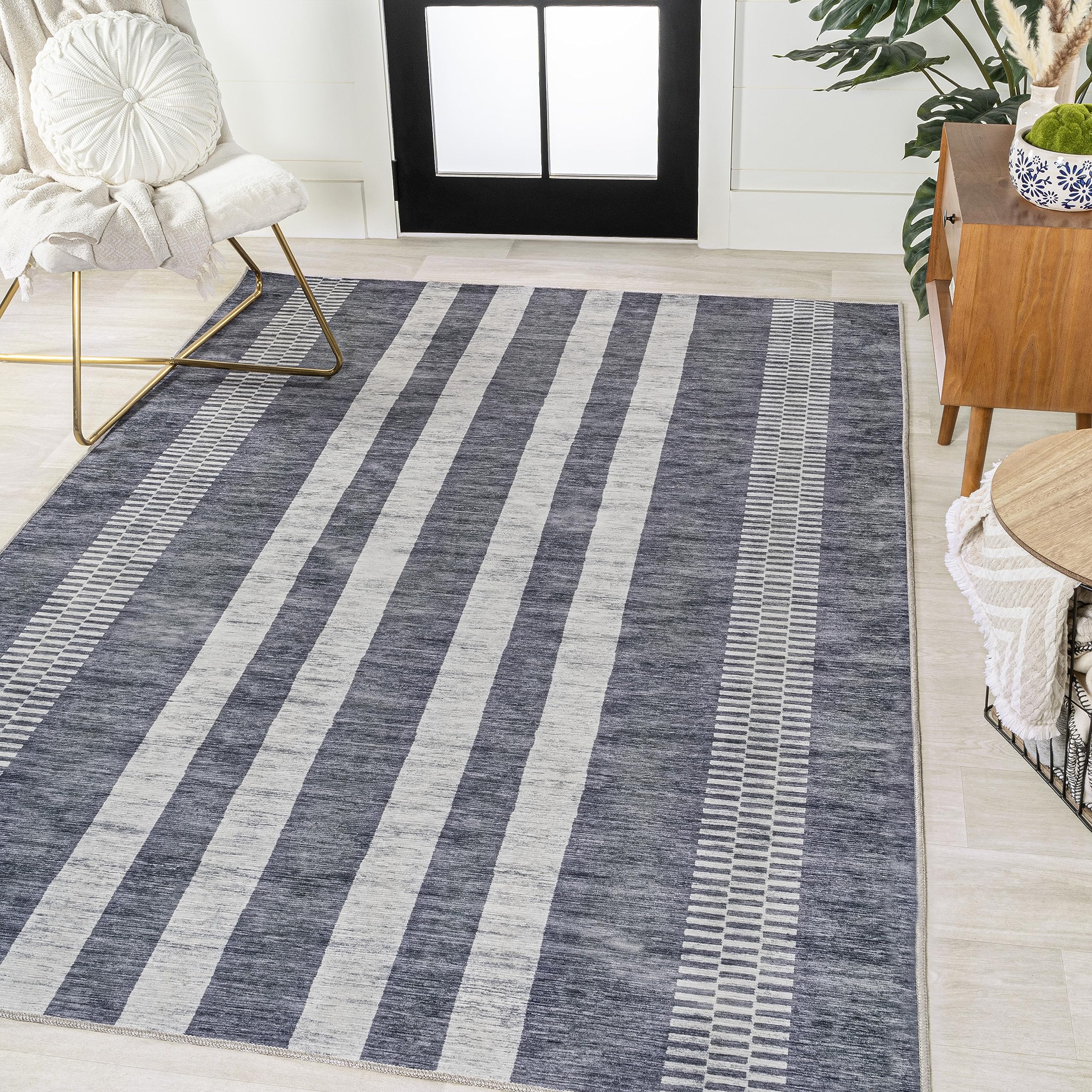 JONATHAN Y WSH122C-4 Vichy Geometric Striped Machine-Washable Indoor Area Rug, Midcentury, Rustic, Vintage, Classic for Bedroom,Kitchen,Living Room,Non Shedding,Easy-Washing, Gray, 4 X 6