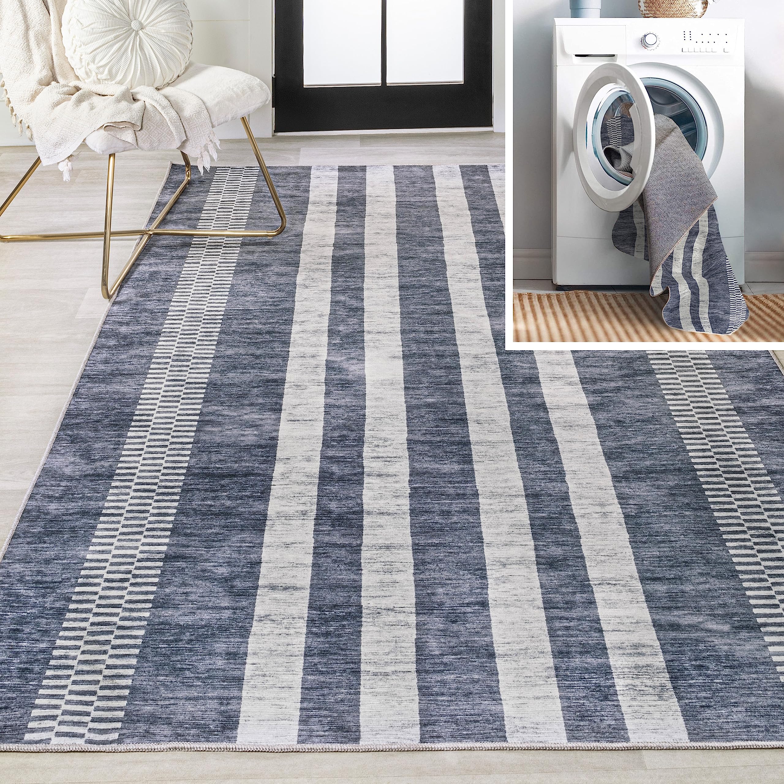 JONATHAN Y WSH122C-4 Vichy Geometric Striped Machine-Washable Indoor Area Rug, Midcentury, Rustic, Vintage, Classic for Bedroom,Kitchen,Living Room,Non Shedding,Easy-Washing, Gray, 4 X 6