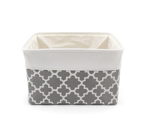 HYGGE + Linen Storage Bin Basket 15.8" x 12.5" x 10" Durable fabric & lightweight design. Great for storing toys, books, linens, games, clothing, baby products & more! (WHITE/QTF GREY, 2 PACK)