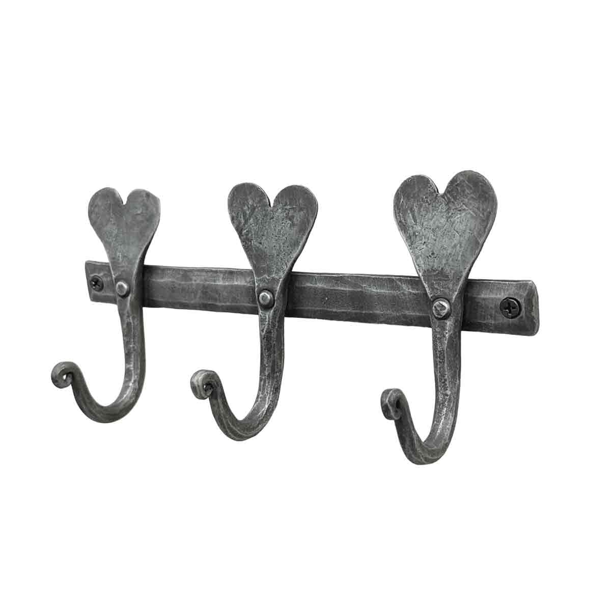 Living Ideas Hand Forged Heart Shape Metal Wall 3 Hooks (3 Pegs) Wrought Iron Handmade Rustic Coat Hook Blacksmith Wall Mounted Kitchen Towel Hooks Rack Black Antique Finish Heavy Duty Wall Hooks