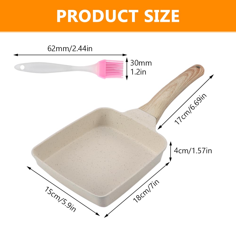 Tamagoyaki Pan,Japanese Omelette Pan With Silicone Brush,Nonstick Tamagoyaki Pan,Rectangle Eg-g Roll Pan With Detachable An-ti Scalding Handle For All Stove,7“x 5.9”(beige，pink)