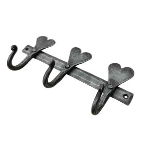 Living Ideas Hand Forged Heart Shape Metal Wall 3 Hooks (3 Pegs) Wrought Iron Handmade Rustic Coat Hook Blacksmith Wall Mounted Kitchen Towel Hooks Rack Black Antique Finish Heavy Duty Wall Hooks