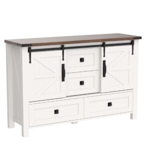 T4TREAM Farmhouse Dresser for Bedroom w/4 Drawers & Sliding Barn Doors, 48'' Wide Chest of Drawers, Rustic Dresser TV Stand w/Shelf, Dresser Organizer for Bedroom, Living Room, Entryway, Antique White