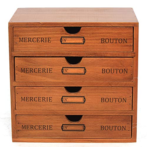 SanBouSi Desk Organizer Wooden Storage Box with 4 Drawers, Storage Cabinet Organizer Traditional Wooden Storage Box Antique Small Craft Jewelry Storage Apothecary Cabinet