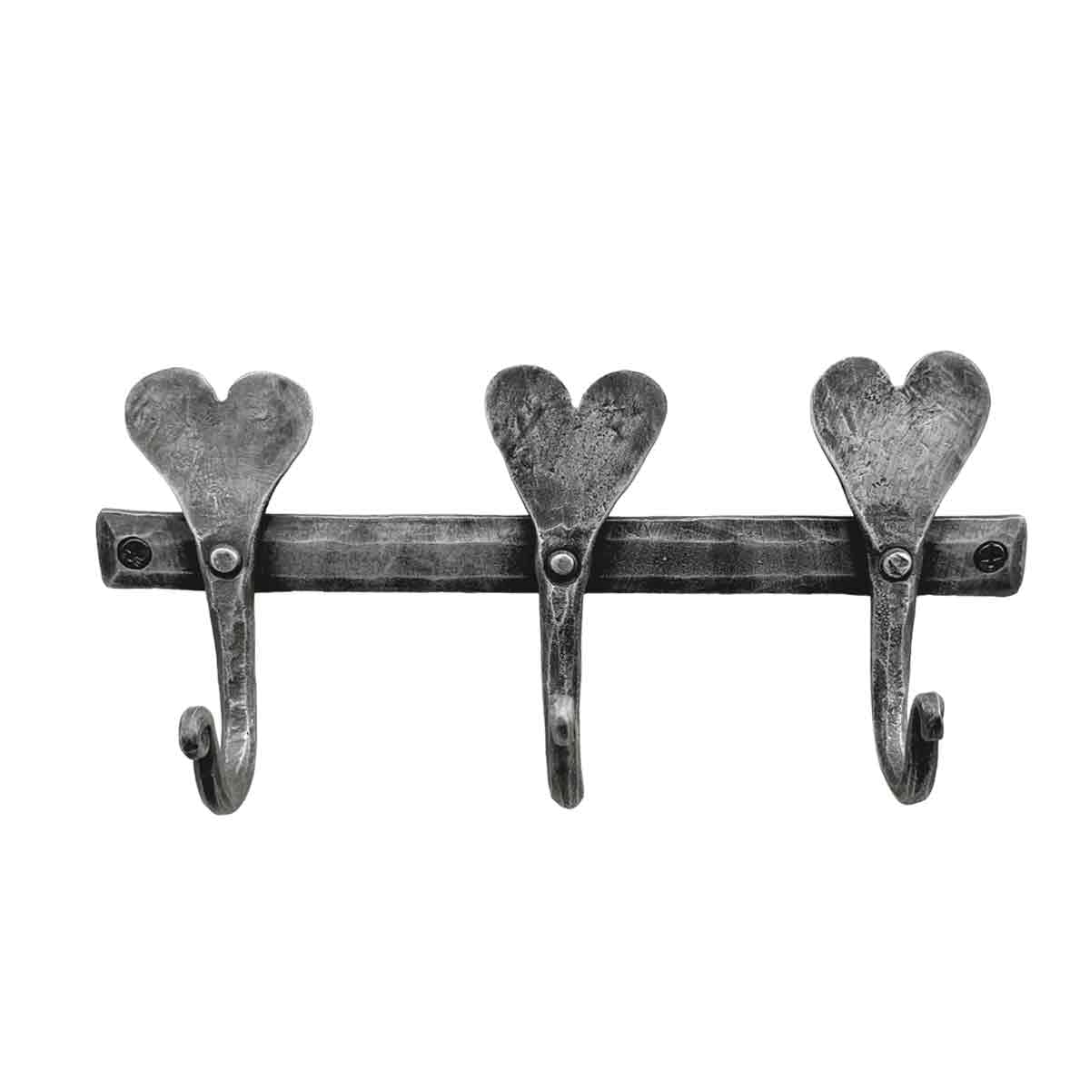 Living Ideas Hand Forged Heart Shape Metal Wall 3 Hooks (3 Pegs) Wrought Iron Handmade Rustic Coat Hook Blacksmith Wall Mounted Kitchen Towel Hooks Rack Black Antique Finish Heavy Duty Wall Hooks