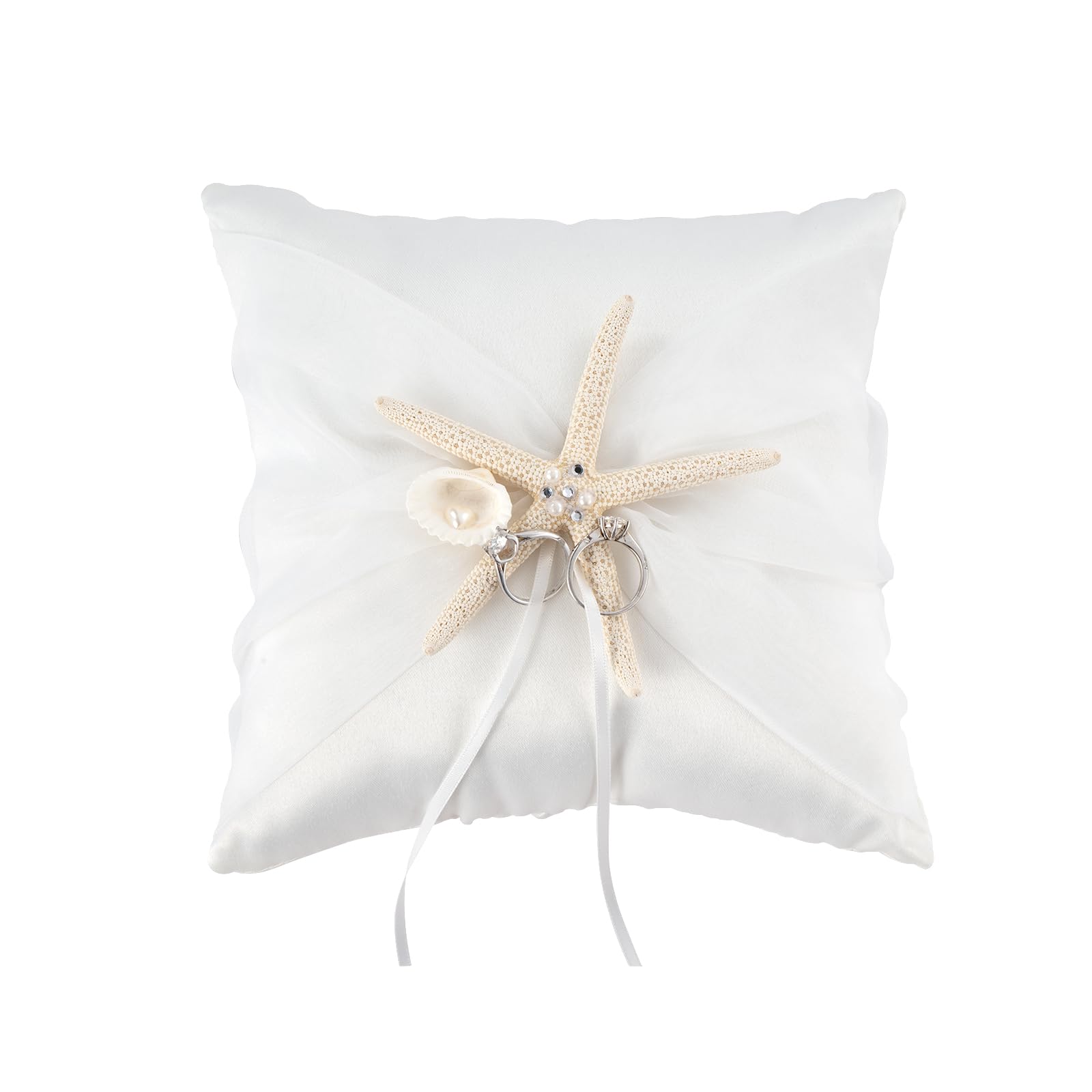 Little World Ring Pillow Starfish Pattern, Decor Bridal Wedding Ivory Ring Bearer Pillow for Beach Wedding, 7.8 Inch x 7.8 Inch (White)