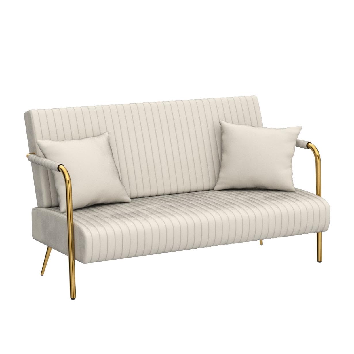 Nolohoo Loveseat Couch with Gold Legs, Velvet Upholstered Small 2 Seater Sofa with 2 Pillows, 58.6" W Comfy Settee Mini Couches for Office Living Room Compact Space (Beige White,Velvet)