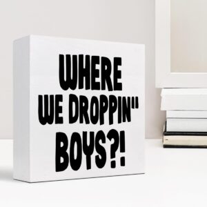 Funny Gaming Sign,Where We Dropping Boys Video Game Quote Wooden Box Block Plaque Sign Desk Decor for Home Game Room Teen Boys Room Shelf Table Decor Decorations