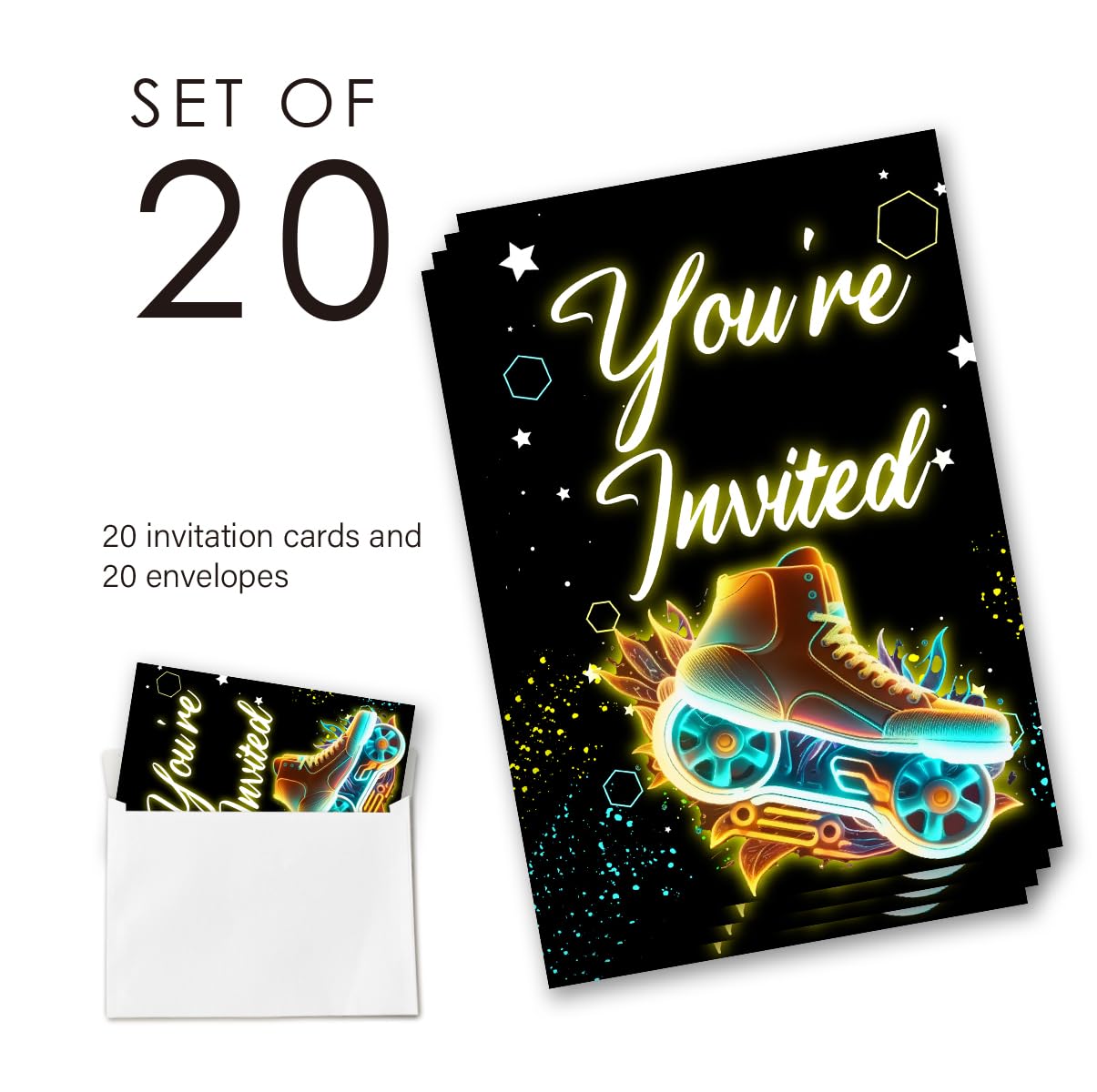 EUDOSI Roller Skating Birthday Party Invitations Supplies Fill-In Set of 20 with Envelopes Skate Theme Let's Roll Birthday Bash Invites Cards(Double Sided)