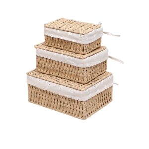 rattanzenith small wicker basket with lid paper rope storage baskets for shelves set of 3 tampon holder with lid and removable liner for bathroom makeup closet drawer desk organizer (khaki)