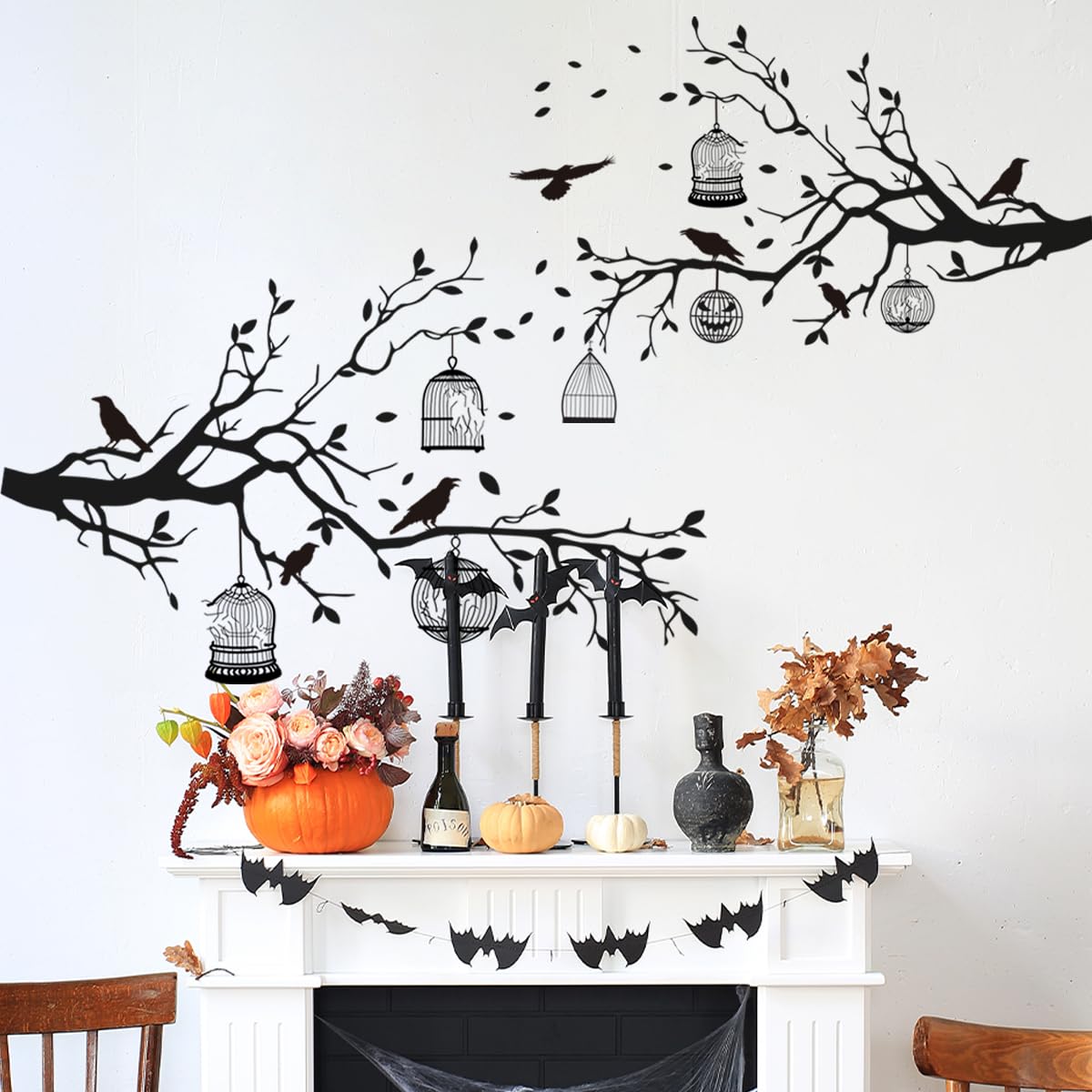 2 Sheets Halloween Wall Decals Gothic Wall Decals Removable Raven Wall Stickers Black Crow Cage Decorations for Gothic Double Sided Design PVC Wall Art Decal for Living Room Wall Room Decor