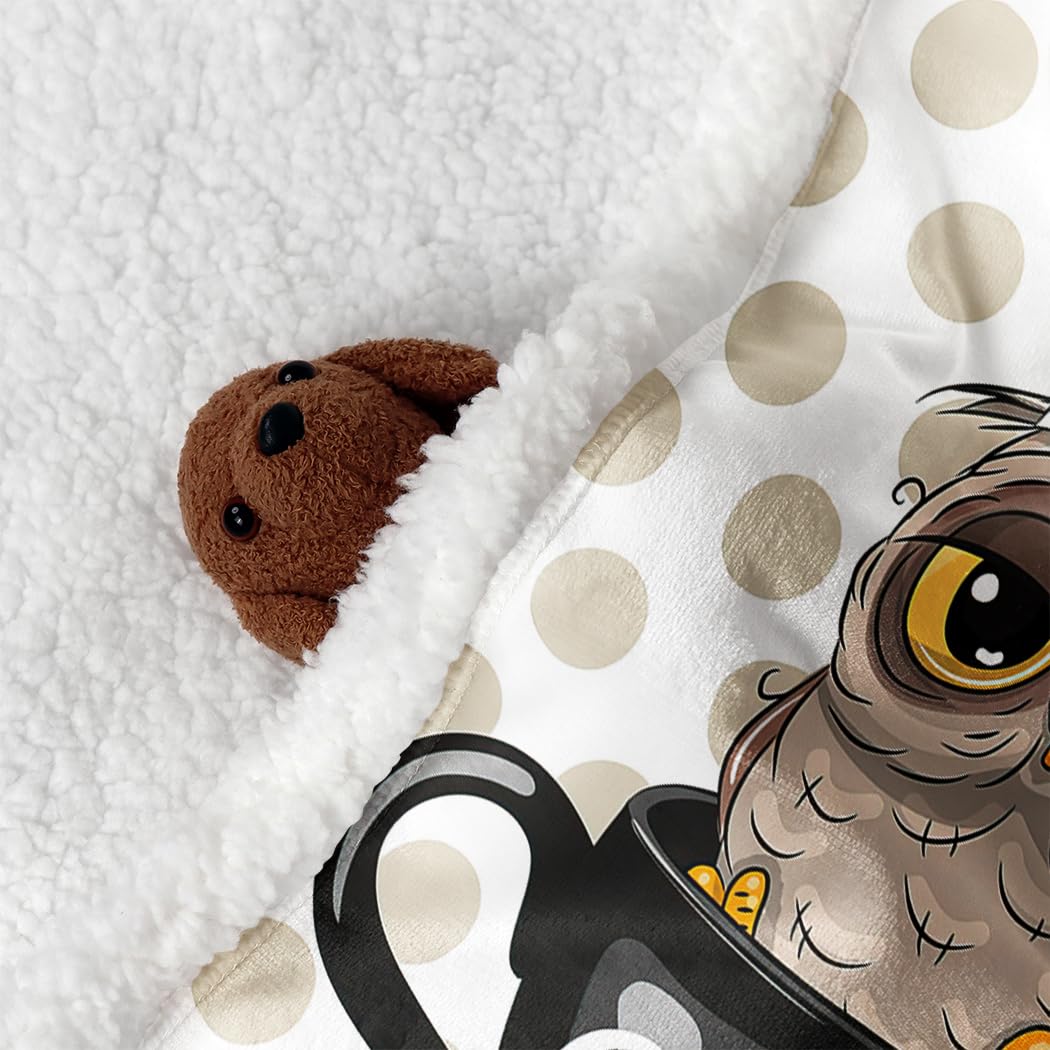 YISUEMEI Cartoon Owl Sherpa Blanket, Soft and Plush Coffee Cup Polka Dot Pattern Fleece Throw Blanket, Gifts for Women Kids Boys and Girls, 50x60 Inches