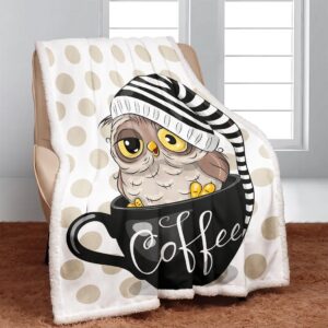 yisuemei cartoon owl sherpa blanket, soft and plush coffee cup polka dot pattern fleece throw blanket, gifts for women kids boys and girls, 50x60 inches