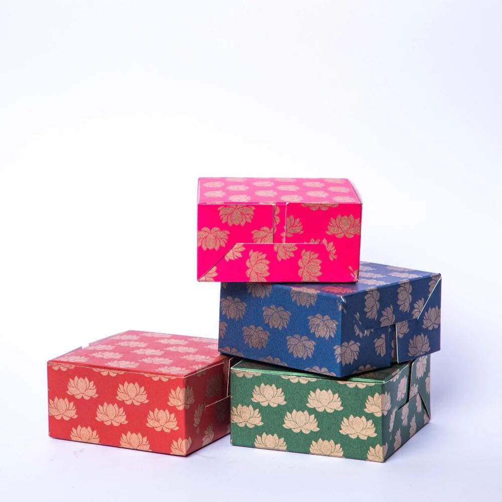 Lotus Printed Colorful Paper Sweet Boxes for Indian sweets, Cookies, Goodies, Mithai, Candy, Gift boxes Handmade Bulk Mithai box, Favor boxes for wedding, Pooja, 2.95x2.95x1.37 Inch (Pack of 8)