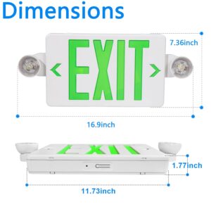 Green LED Exit Sign Emergency Lights with 2 Adjustable Head Lights, Green Letter Emergency Exit Lighting With Battery backup, US Standard Double Sided ABS Fire Resistant UL 924 AC 120/277V (12-Pack)