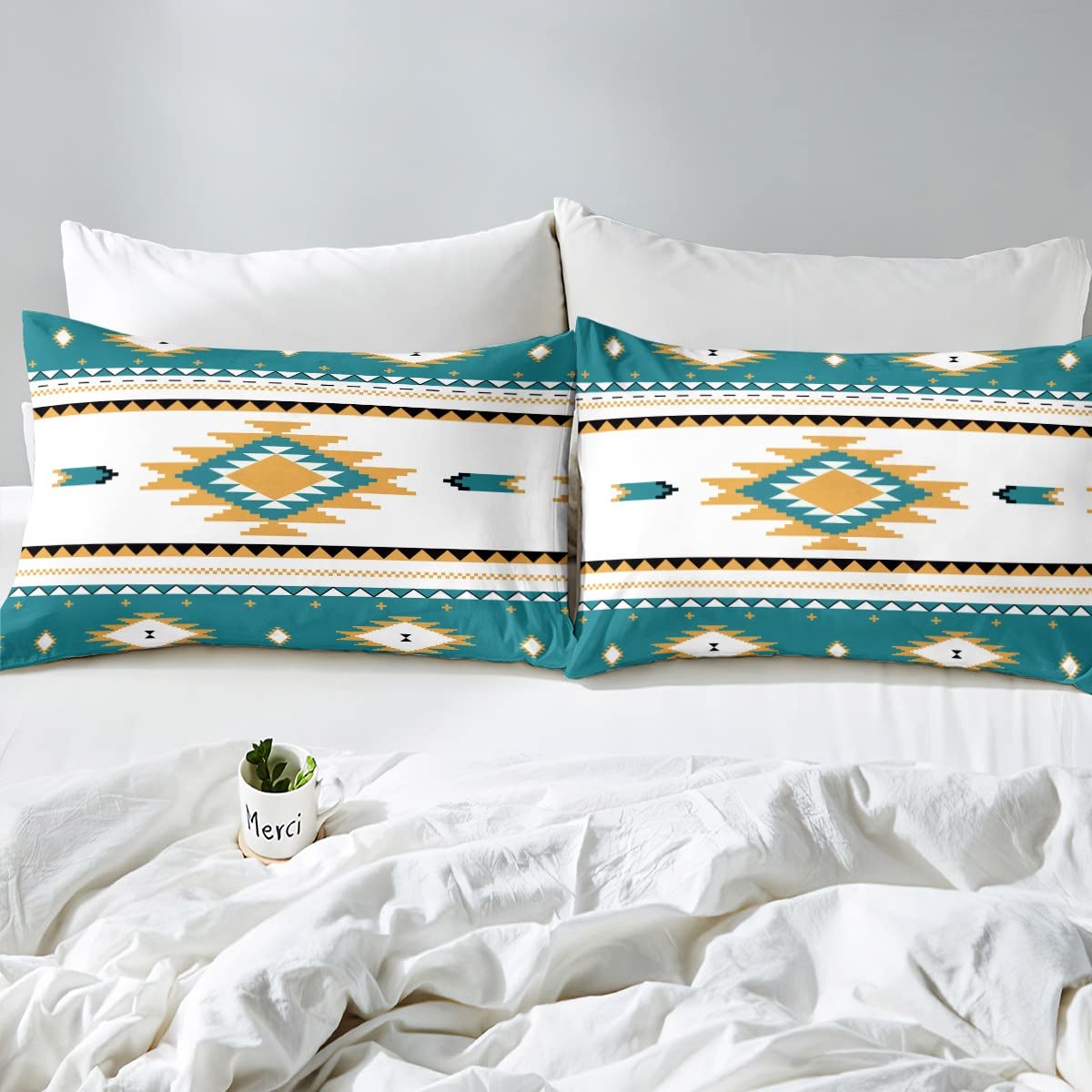 Erosebridal Boho Lattice Duvet Cover Queen, Aztec Bedding Set, Bohemian Navajo Ethnic Retro Yellow Striped Exotic Western Tribal Comforter Cover Teal Medallion Egyptian Bedroom Decor Quilt Cover