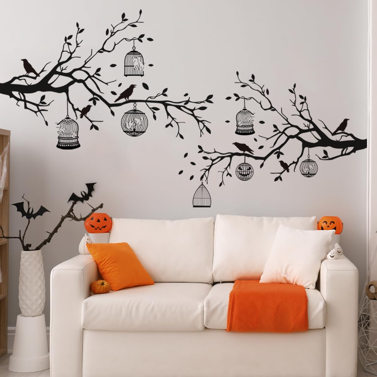 2 Sheets Halloween Wall Decals Gothic Wall Decals Removable Raven Wall Stickers Black Crow Cage Decorations for Gothic Double Sided Design PVC Wall Art Decal for Living Room Wall Room Decor