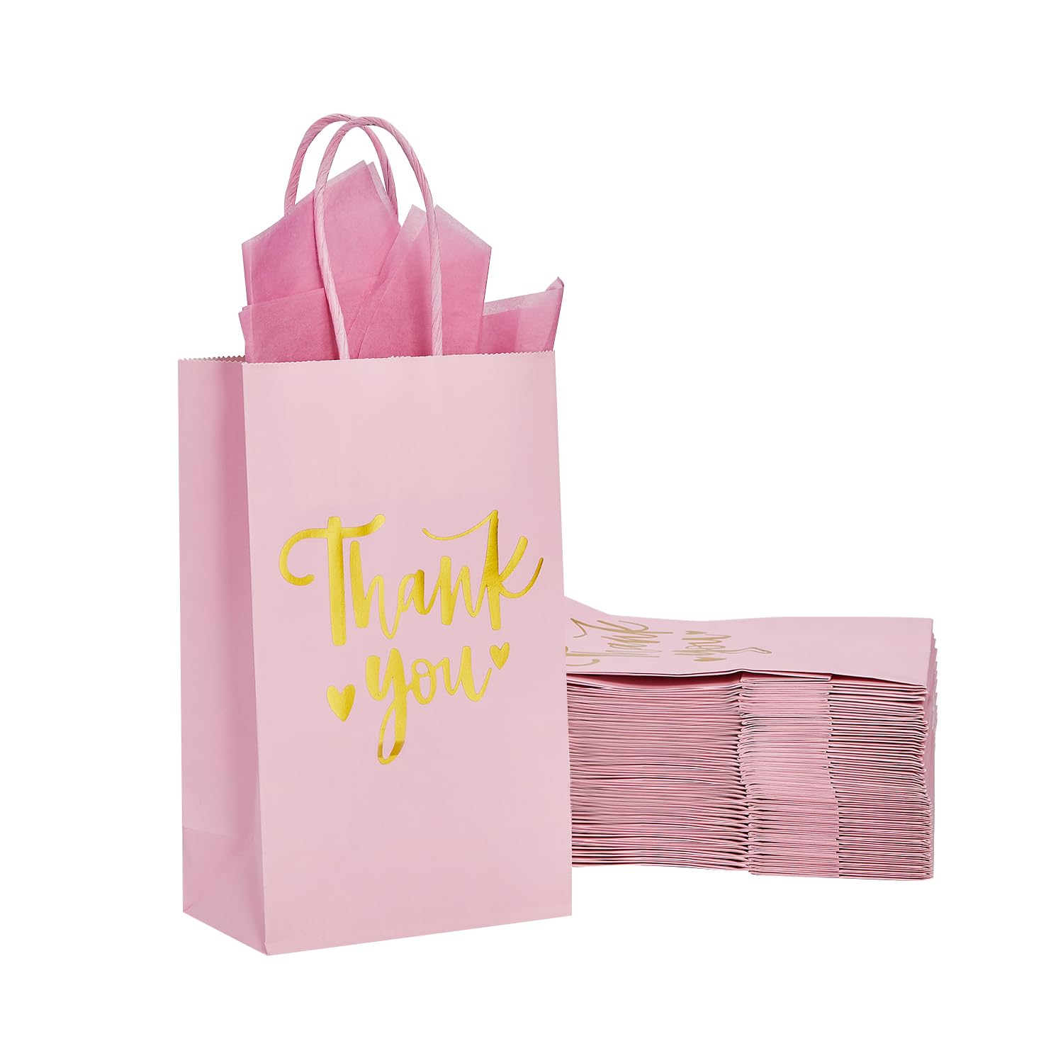 DjinnGlory 50 Pack Small Pink & Gold Foil Thank You Paper Gift Bags with Handles 9''x5.5''x3.15'' and 50 Tissue Paper for Mother's Day Wedding Bridal Baby Shower Birthday Princess Party Supplies