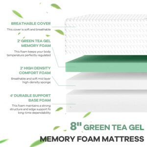 NChanmar 8 inch Memory Foam Mattress Cooling Gel Green Tea Mattress/Pressure Relieving/CertiPUR-US Certified/Bed-in-a-Box/Cooling Gel Foam, White,Queen