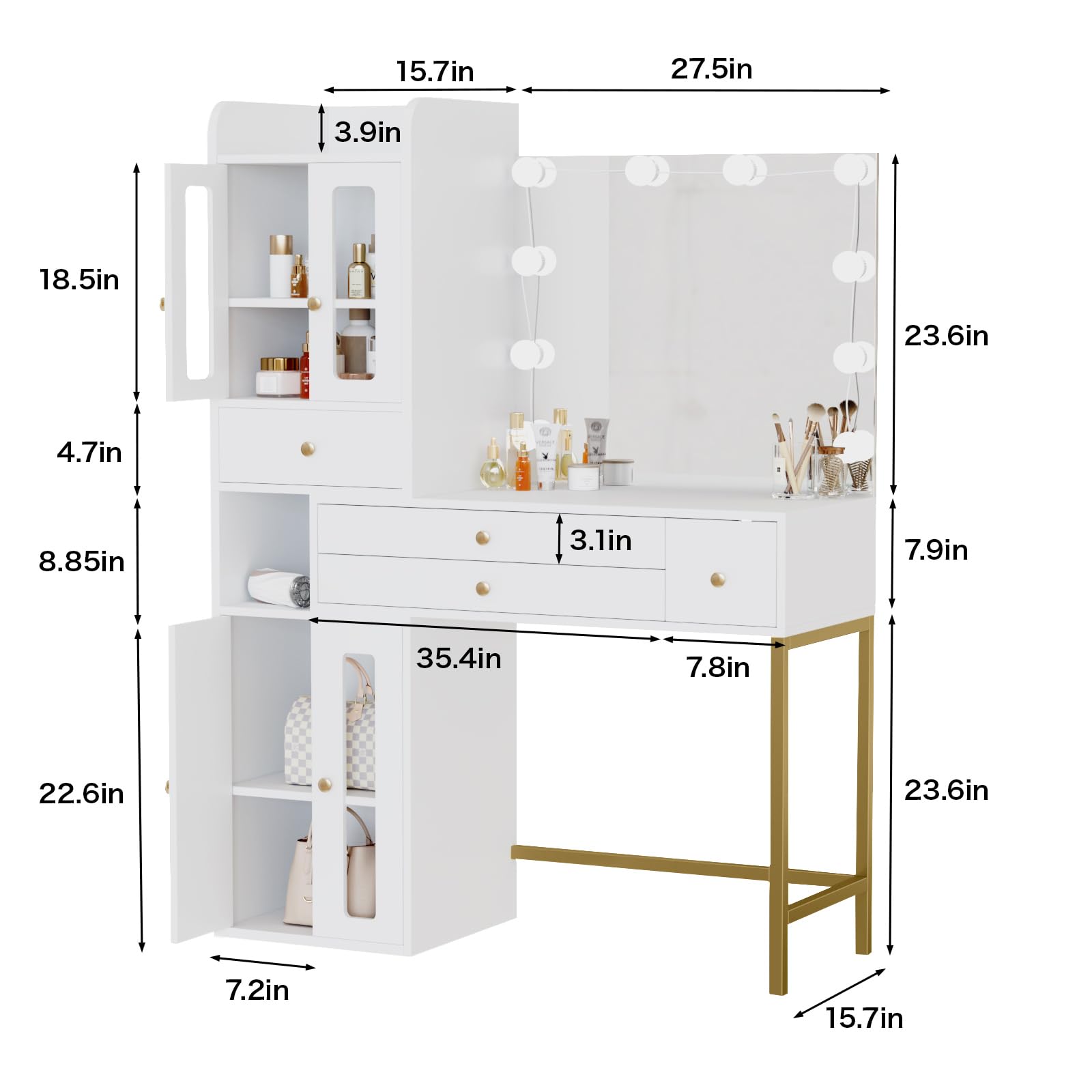 Vabches White Makeup Vanity Desk with Mirror and Lights, 3-Color Adjustable Light Vanity Table Set, Large Modern Makeup Table with Drawers, Vanity and Storage Cabinet 2-in-1 Design, Vanity Organizer