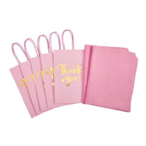 DjinnGlory 50 Pack Small Pink & Gold Foil Thank You Paper Gift Bags with Handles 9''x5.5''x3.15'' and 50 Tissue Paper for Mother's Day Wedding Bridal Baby Shower Birthday Princess Party Supplies