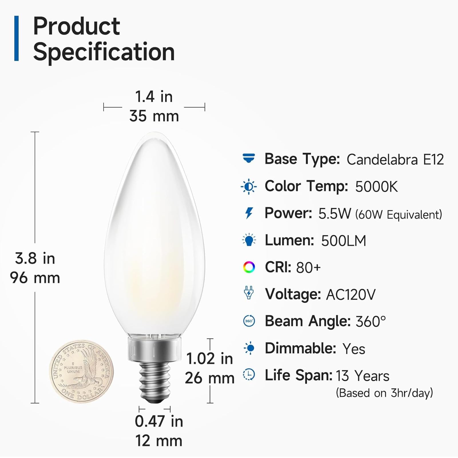 SHINESTAR 6-Pack E12 LED Bulb Dimmable, Daylight White 5000K, Candelabra LED Light Bulbs 60 Watt, Small Base Candle Bulb for Chandelier, Frosted Glass