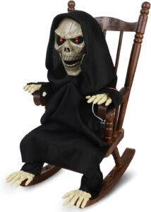 yigorn screaming animated halloween decorations, halloween decor prop with motion sensor, cary skeletons sitting in rocking chairs decorate haunted houses， rocking chair grim reaper