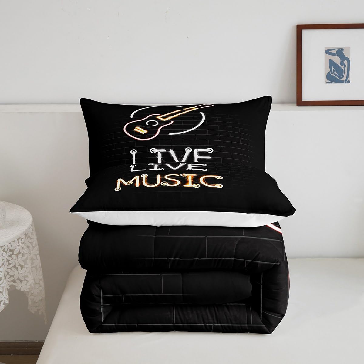 Erosebridal Neon Guitar Bedding Full for Boys Girls Live Music Comforter Set, Glowing Guitar Down Comforter Black Musical Instrument Bedding Comforter Sets, Rock Music Bar Duvet Insert 3pcs