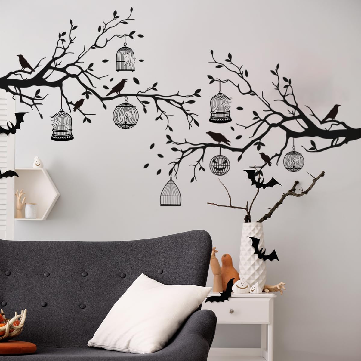 2 Sheets Halloween Wall Decals Gothic Wall Decals Removable Raven Wall Stickers Black Crow Cage Decorations for Gothic Double Sided Design PVC Wall Art Decal for Living Room Wall Room Decor