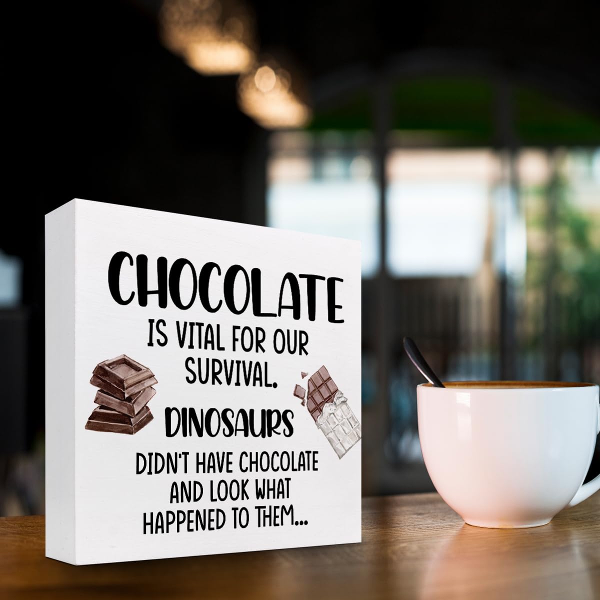 Funny Kitchen Wood Sign Decor,Chocolate is Vital for Our Survival Wood Box Block Plaque Sign for Home Kitchen Shelf Table Desk Decorations