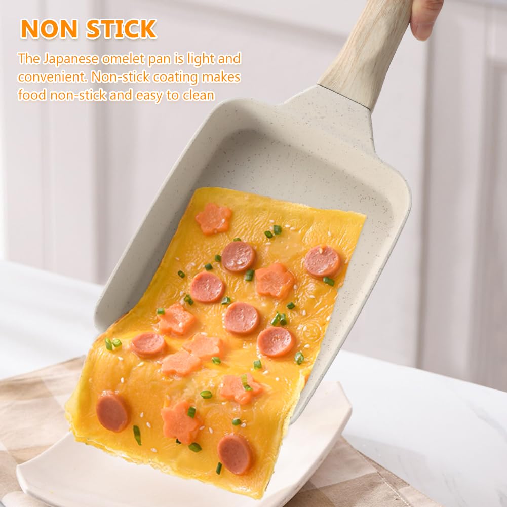 Tamagoyaki Pan,Japanese Omelette Pan With Silicone Brush,Nonstick Tamagoyaki Pan,Rectangle Eg-g Roll Pan With Detachable An-ti Scalding Handle For All Stove,7“x 5.9”(beige，pink)