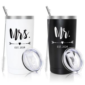 wedding gifts for bride and groom, mr and mrs presents for couple newlyweds, bride to be bridal shower gifts, insulated stainless steel wine tumbler set for anniversary christmas unique 2024-20oz