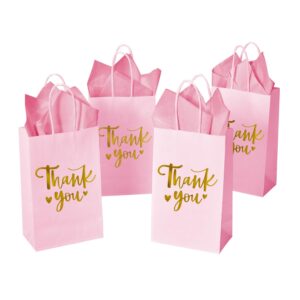 djinnglory 50 pack small pink & gold foil thank you paper gift bags with handles 9''x5.5''x3.15'' and 50 tissue paper for mother's day wedding bridal baby shower birthday princess party supplies