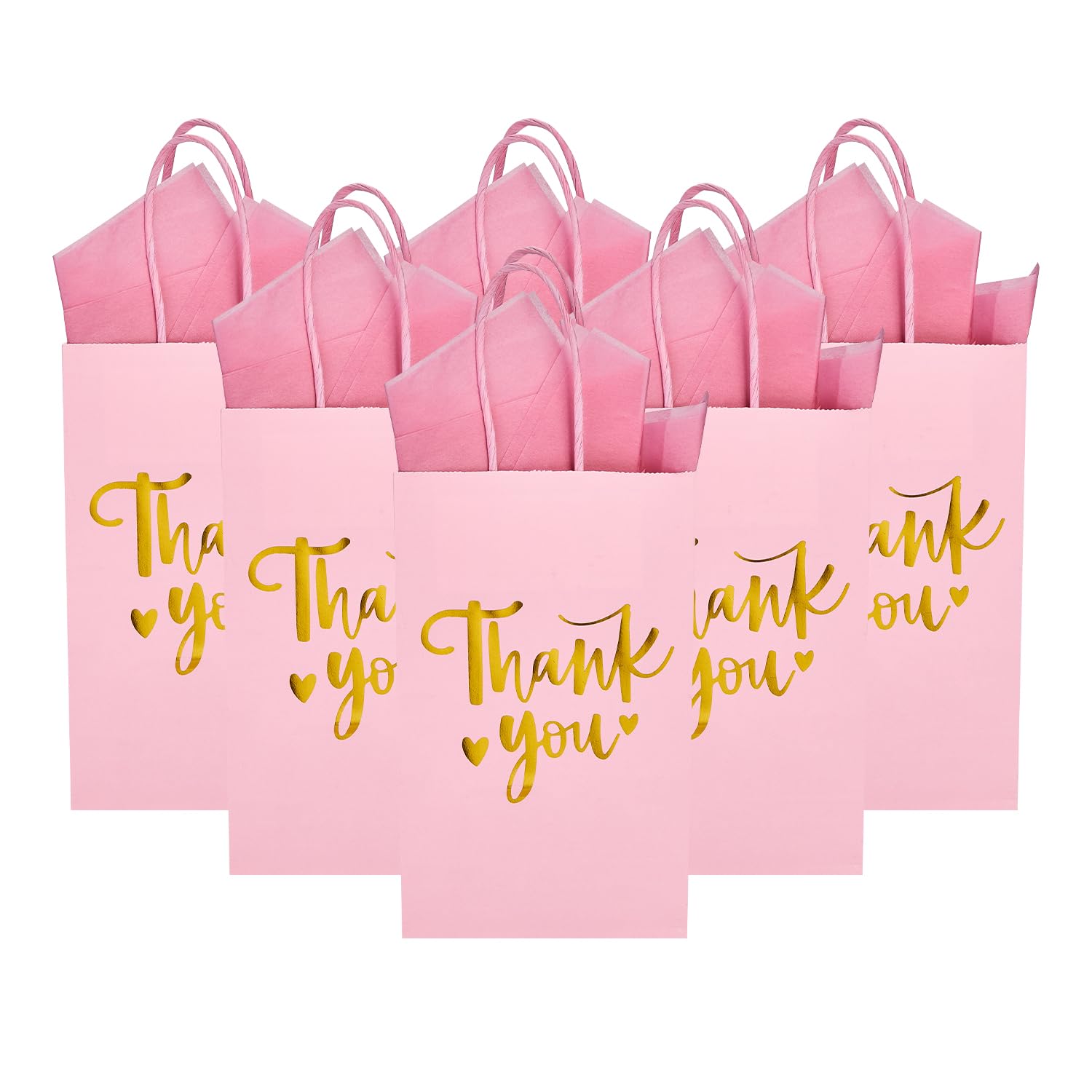 DjinnGlory 50 Pack Small Pink & Gold Foil Thank You Paper Gift Bags with Handles 9''x5.5''x3.15'' and 50 Tissue Paper for Mother's Day Wedding Bridal Baby Shower Birthday Princess Party Supplies