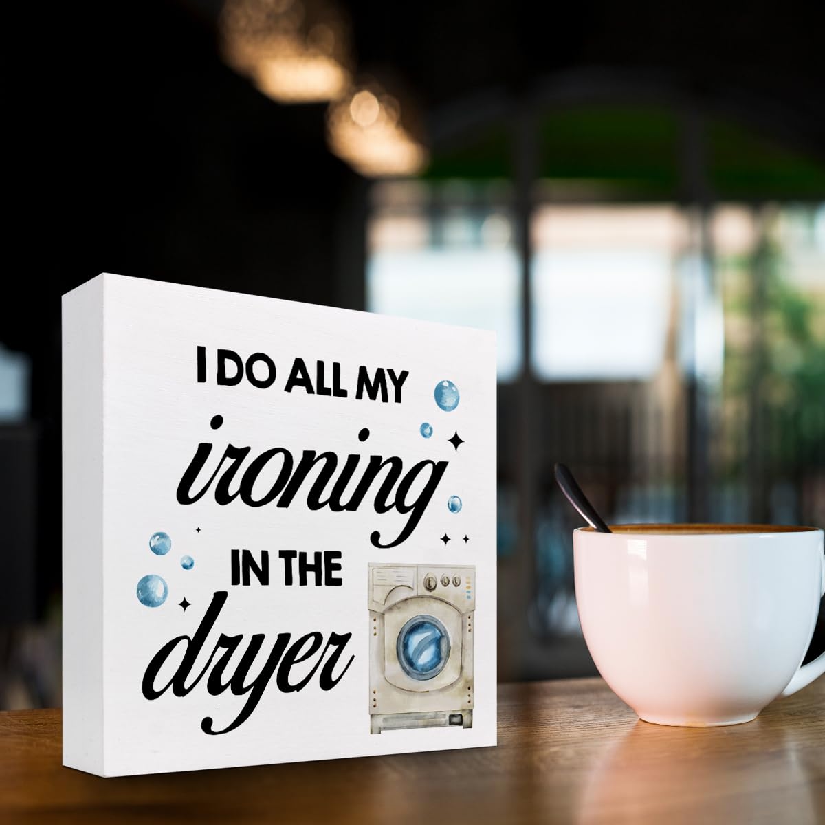 I Do All My Ironing in the Dryer Wood Block Sign Desk Decor,Rustic Laundry Wooden Box Plaque Sign Desk Decor for Home Laundry Room Bathroom Shelf Table Decorations