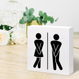 Wc Toilet Funny Male Female Sign Wood Block Sign Desk Decor,Rustic Wooden Box Plaque Sign Desk Decor for Home Office Toilet Bathroom Restroom Shelf Table Decorations