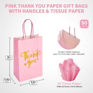 DjinnGlory 50 Pack Small Pink & Gold Foil Thank You Paper Gift Bags with Handles 9''x5.5''x3.15'' and 50 Tissue Paper for Mother's Day Wedding Bridal Baby Shower Birthday Princess Party Supplies