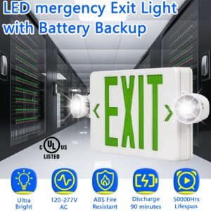 Green LED Exit Sign Emergency Lights with 2 Adjustable Head Lights, Green Letter Emergency Exit Lighting With Battery backup, US Standard Double Sided ABS Fire Resistant UL 924 AC 120/277V (12-Pack)