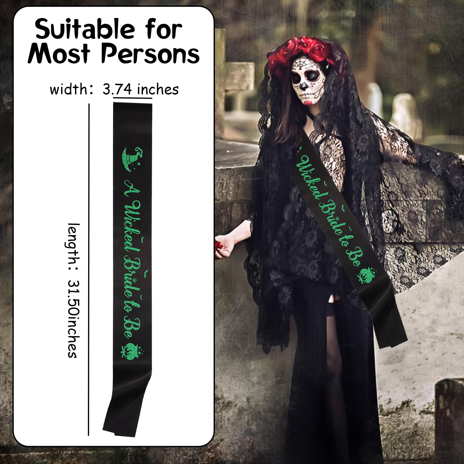 Bride to be Sash, Bachelorette Party Decorations Include 1pcs a Wicked Bride to be Sash, Black Sash with Green Glitter Letters for Witch Theme Bridal Shower Gifts Wedding Engagement Party Supplies