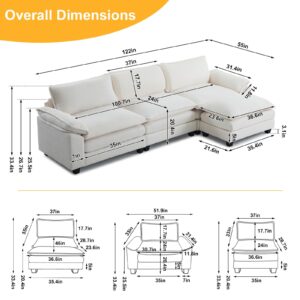 Karl home Sectional Sofa Modular Deep Seat Sofa Couch with Ottoman, Teddy Fleece Sofa Sleeper Comfy Upholstered Furniture for Living Room, Apartment, Studio, Office, (3-Seat & 1-Ottoman, White)