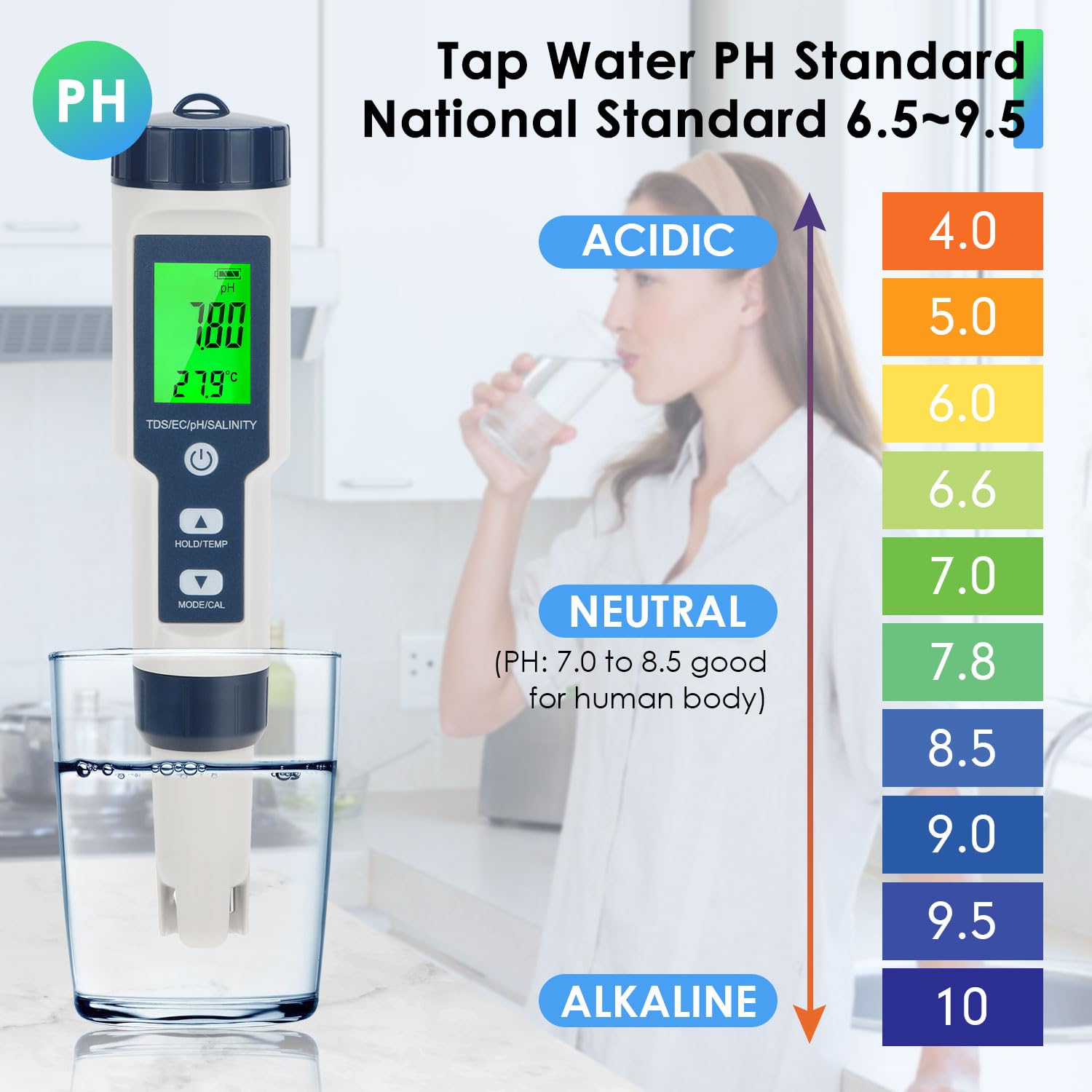 5 in 1 PH Meter for Water, PH/TDS/EC/Temp/Salt Meter, Salt Tester for Saltwater Pool, 0.01 Resolution High Accuracy Digital PH Tester for Hydroponics, Water, Wine, Aquariums and Fish Tank